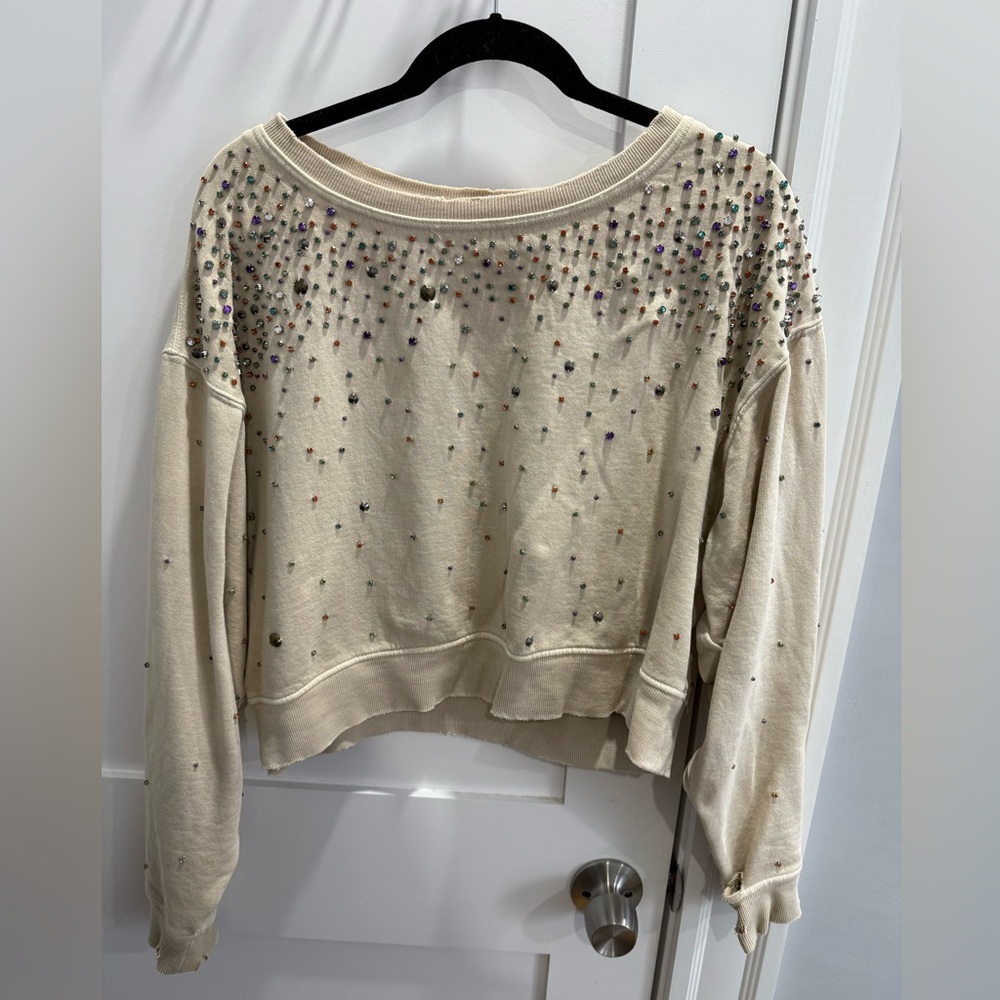 Free People Embellished Cream Cropped Sweatshirt